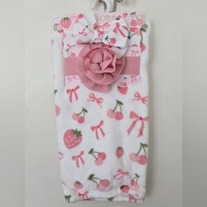 Pink Cherry and Strawberry Baby Blanket with Bows NWT